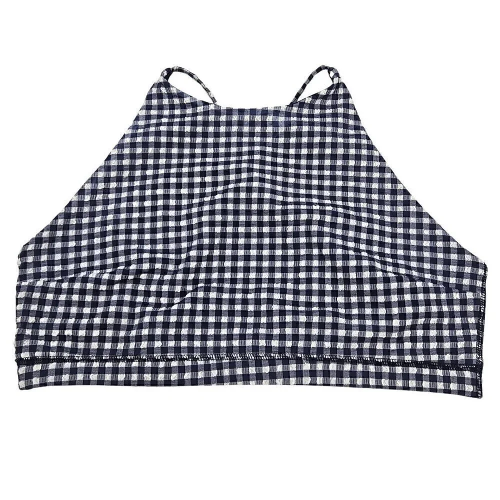 J. Crew Puckered Gingham Sports Bra Blue Women's Size XL High Neck Athleisure